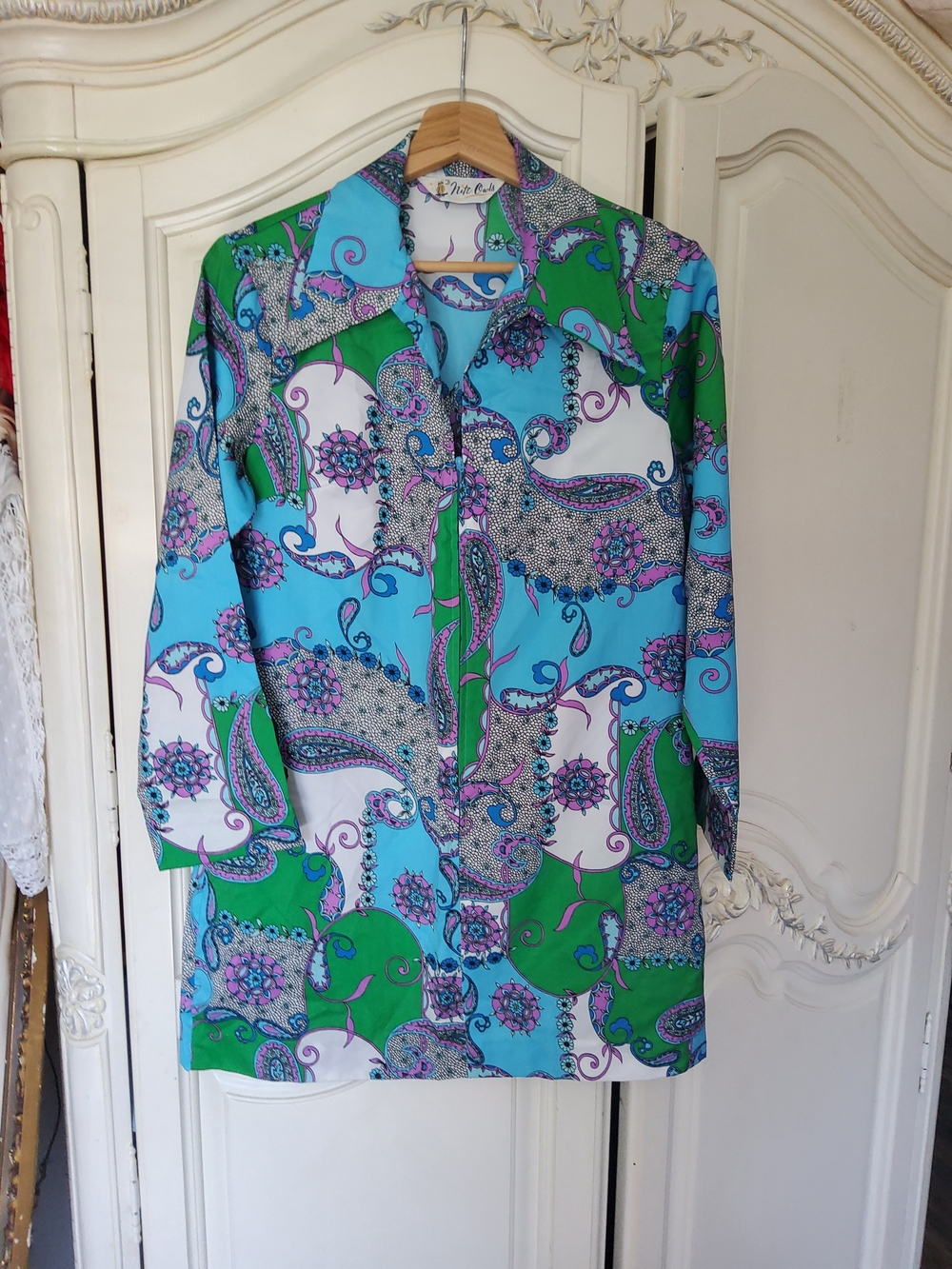 Bright Blue & Green Paisley Button-Up Top